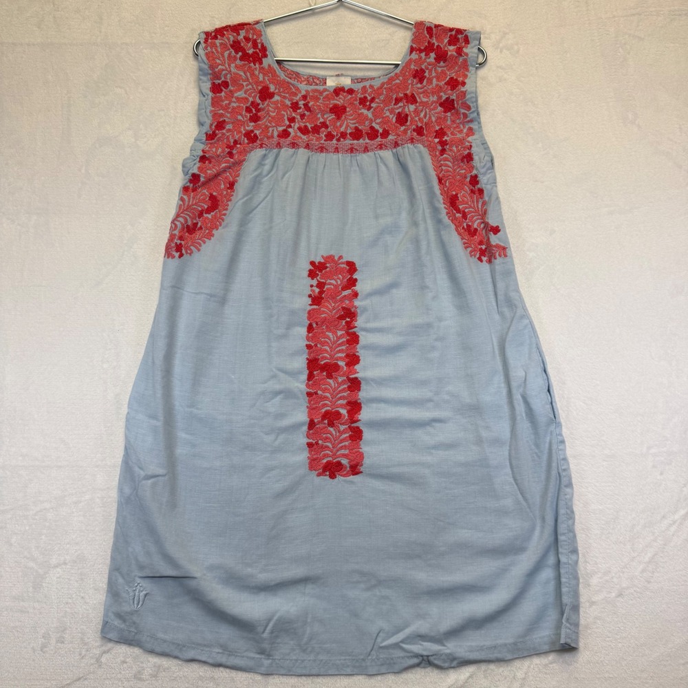 j.marie XS Light‎ Blue Red Floral Embroidered Sleeveless Shift Dress Pocket